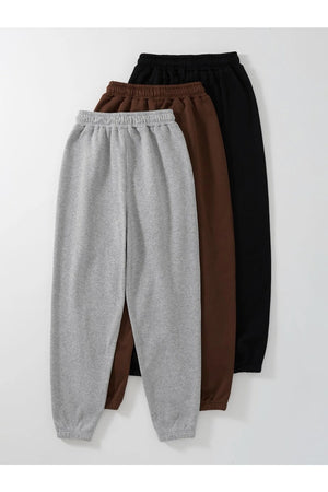 3-Pack Cat And Moon Printed Jogger Sweatpants - Black Gray And Brown Elastic Leg High Waist Summer