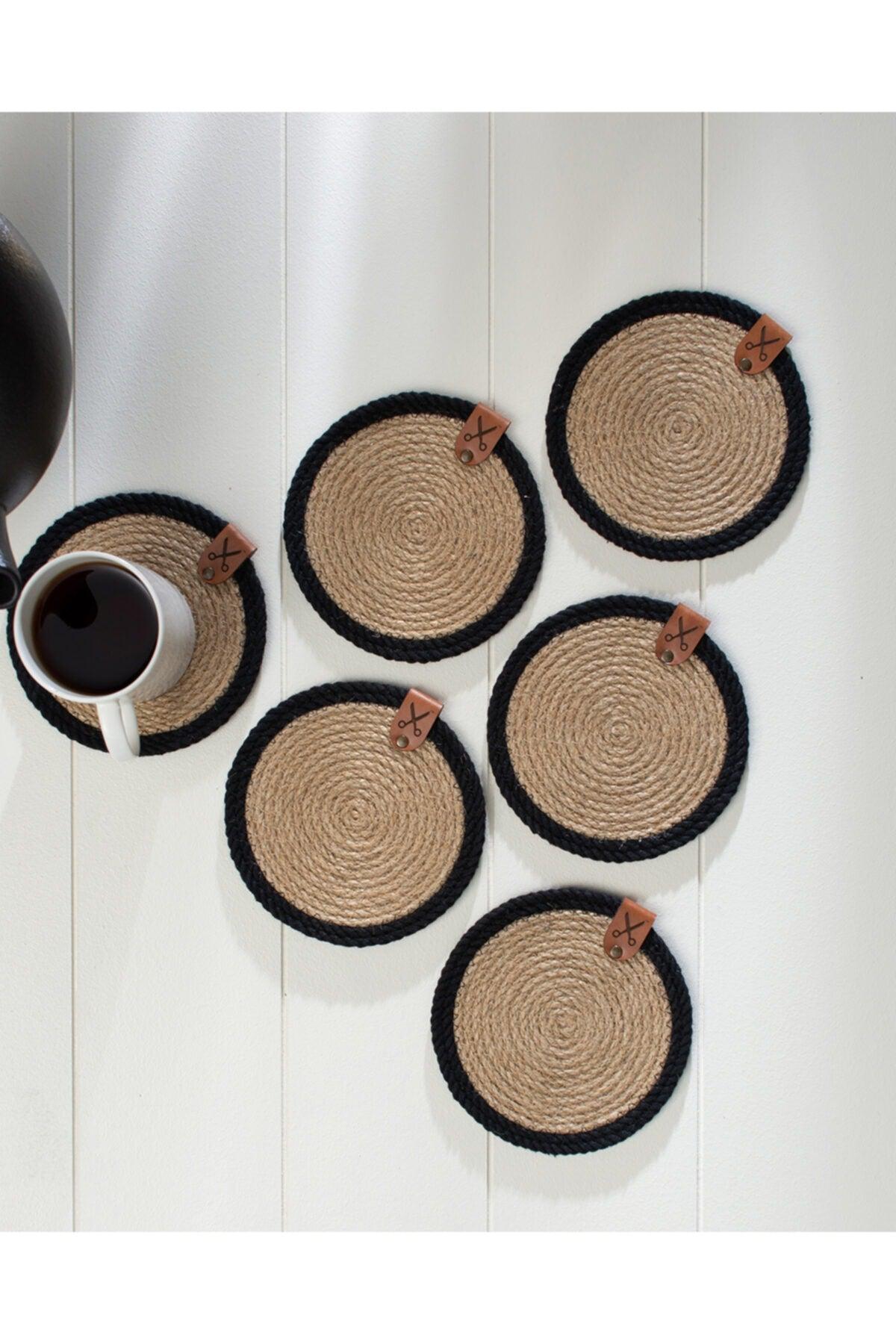 6 Pieces 13cm Black Striped Jute Straw Weave Coaster Presentation Set - Swordslife