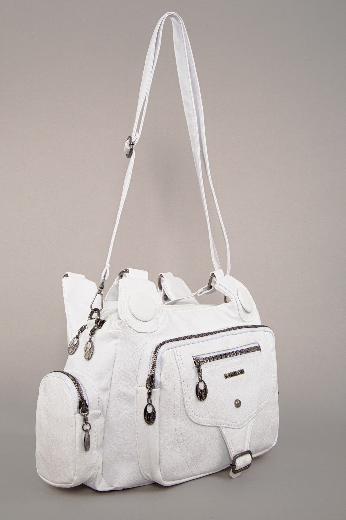 Women'S White Wash Leather Multi-Section Shoulder And Hand Bag