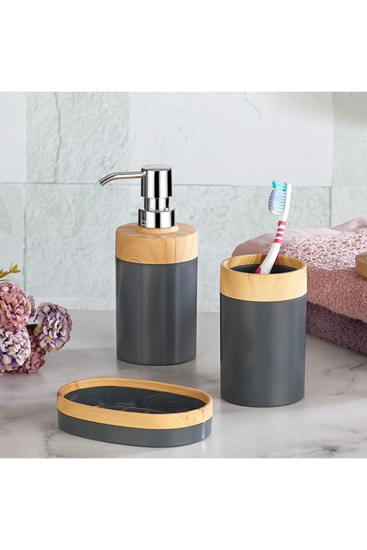 Limpia Bamboo Patterned Bathroom Set of 5 Trash Can Liquid Soap Dispenser Toothbrush Box Bathroom Set Gray - Swordslife