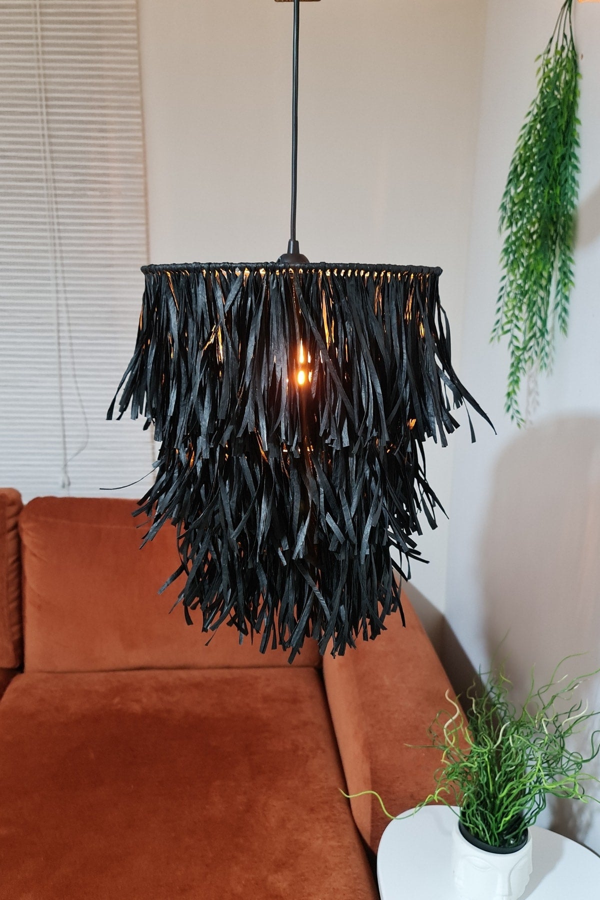 Bohemian Fringed Black Raffia Chandelier Handmade