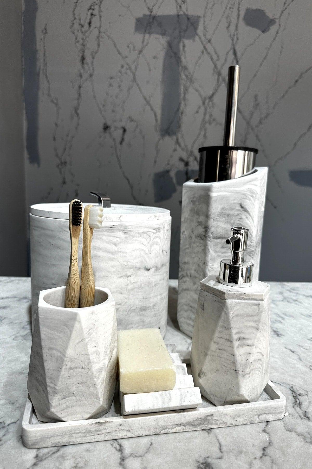 Concrete Bathroom Set Dustbin Toilet Brush Liquid Soap Dispenser - Swordslife