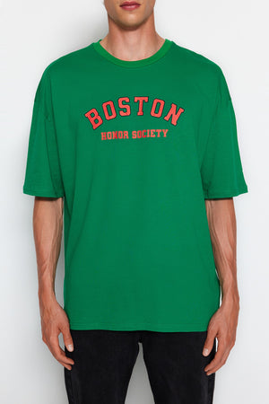 Green Men'S Oversize Crew Neck Short Sleeve City Printed 100% Cotton T-Shirt Tmnss21Ts1217