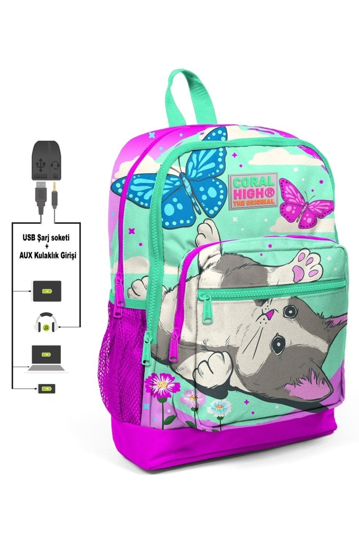 Cute Cat And Butterfly Girls Primary School Bag Set - Usb Output