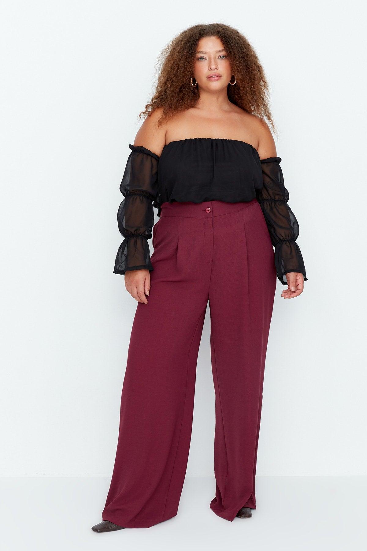 Claret Red High Waist Pleated Woven Trousers TBBSS22PL0448 - Swordslife