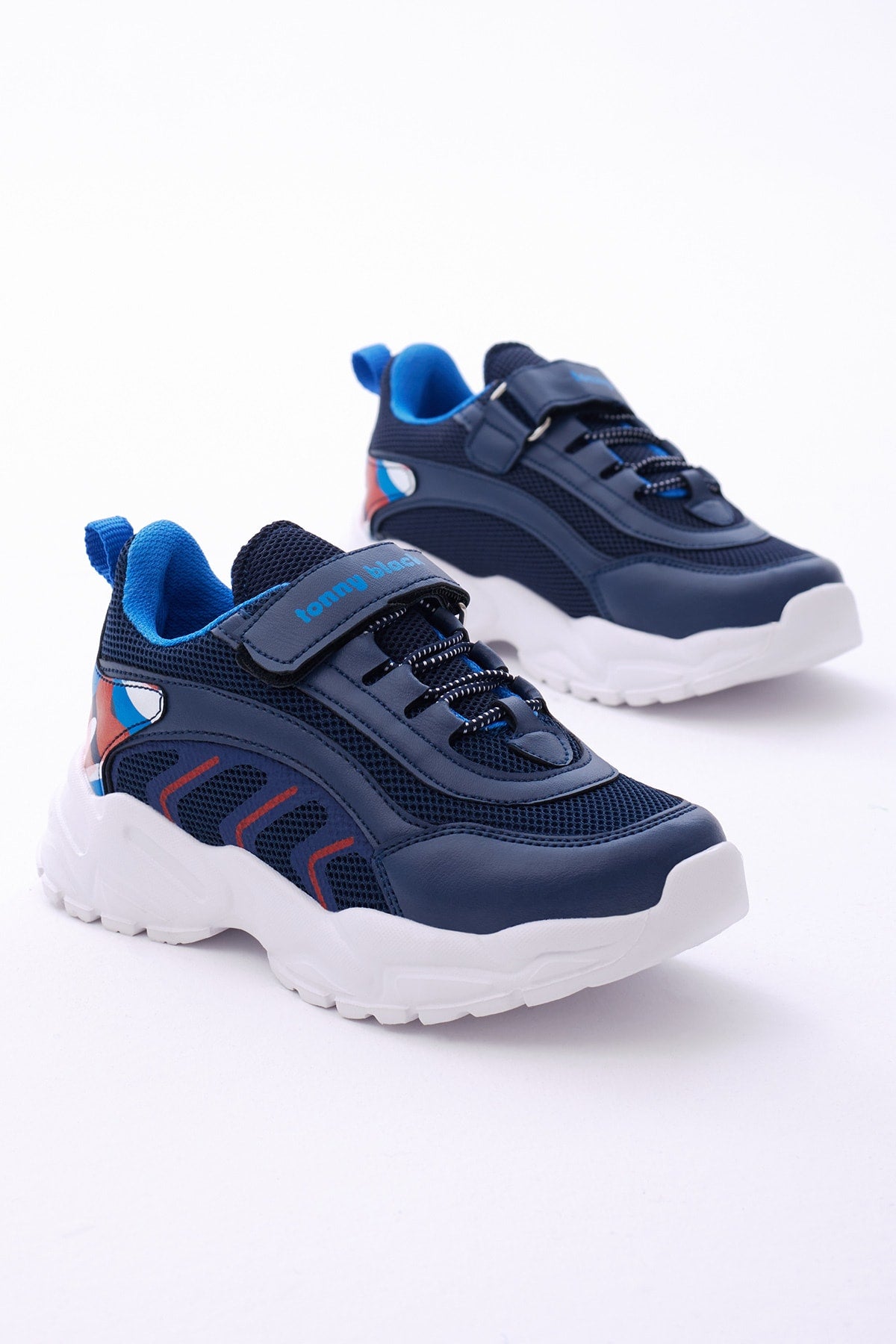 Kids Unisex Navy Blue Red Comfortable Fit Rubber Laced Velcro Sneakers