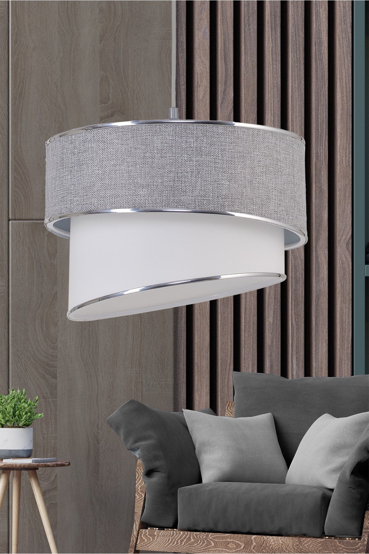 Rüzgar Pasta Single Pendant Lamp Chandelier and Chrome Lampshade Set Gray