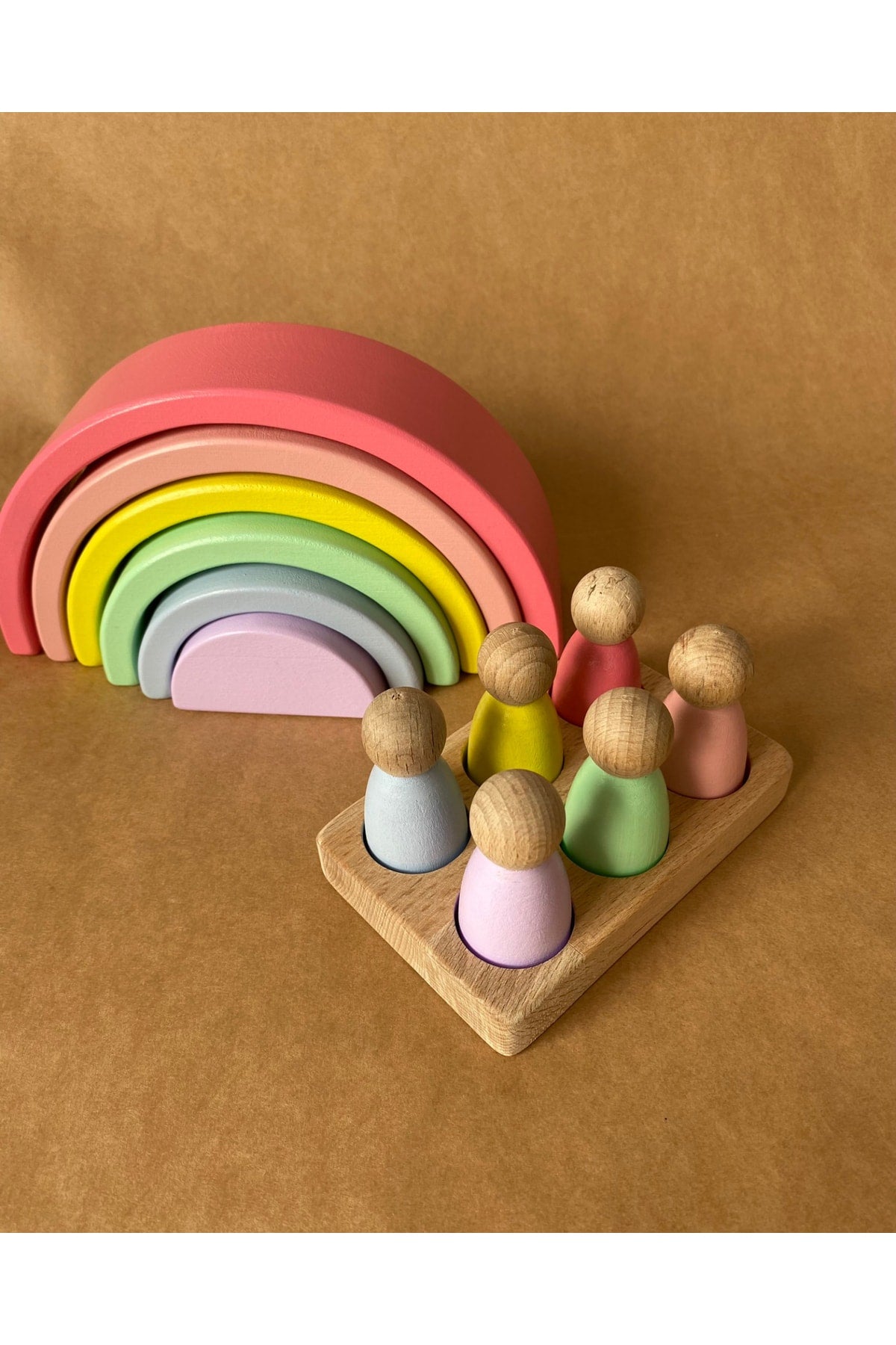 Waldorf 6 Piece Rainbow, 6 Pcs Peg Baby Tray Set Pastel Color Matching