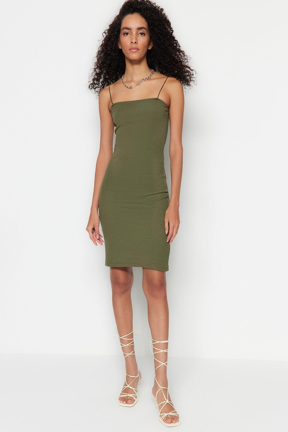 Green Square Neck Spaghetti Strap Ribbed Flexible Fitted Mini Knitted Dress TWOSS21EL2327 - Swordslife