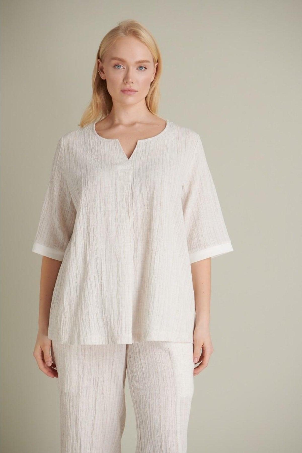 Women's A Pleated V-Neck Ecru Linen Blouse - Swordslife