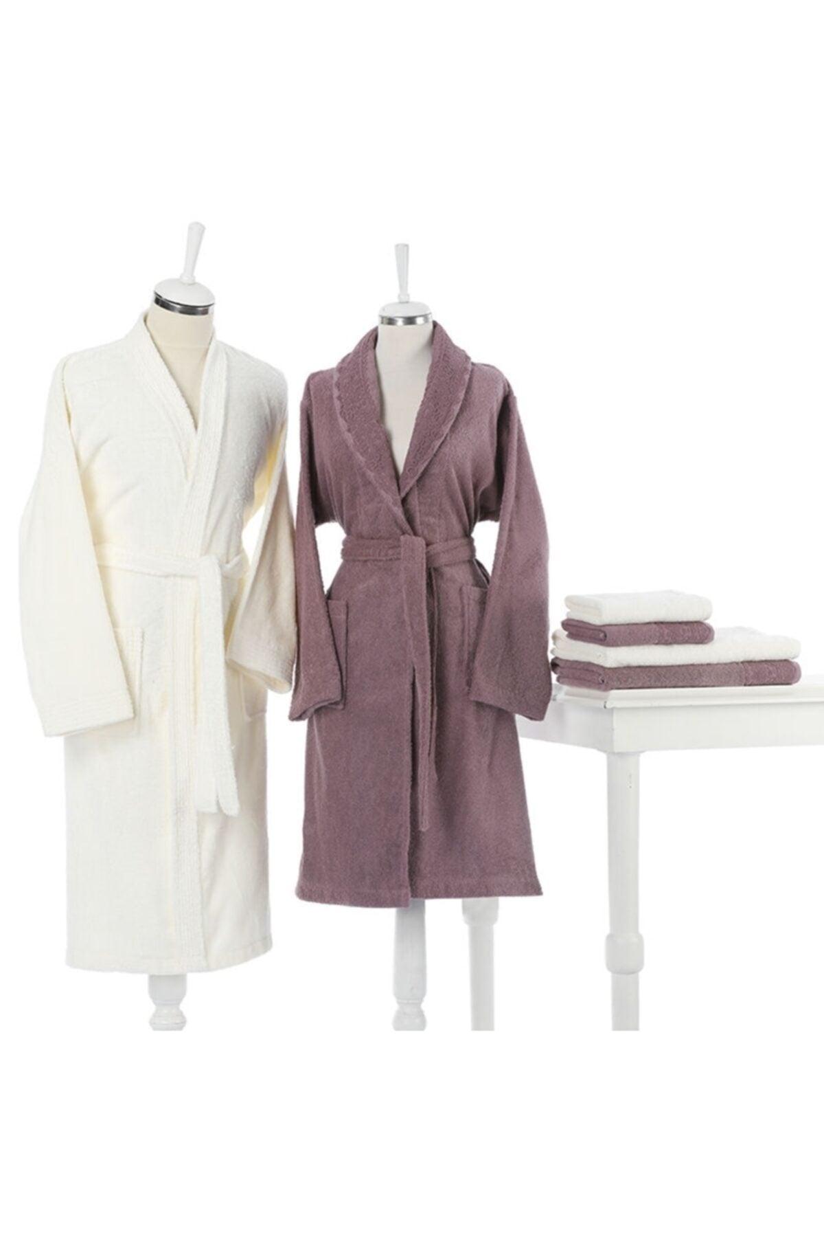 Orkide Guipure Family Bathrobe Set Cream (L), Plum (M) - Swordslife