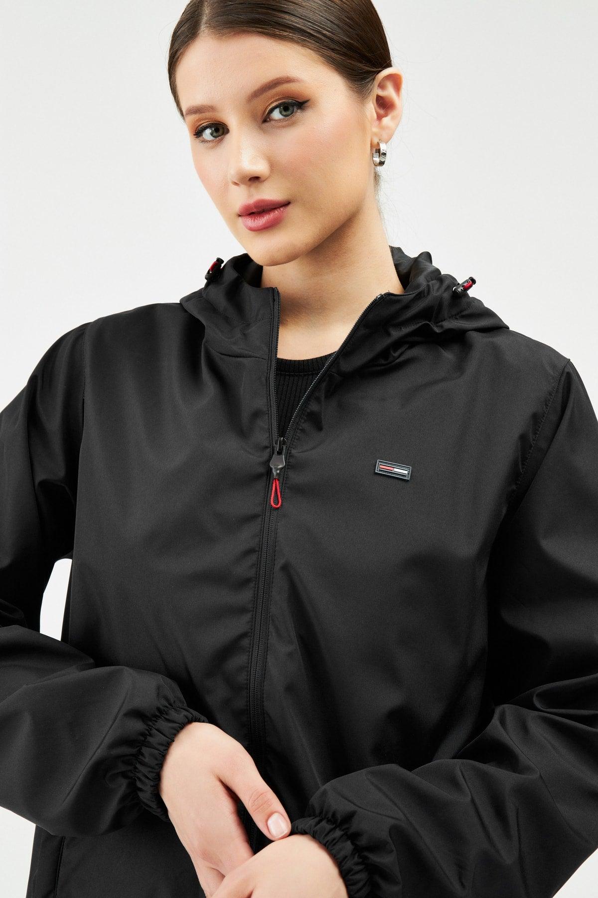 Women's Black Lined Waterproof Hooded Raincoat with Pocket - Windbreaker Jacket - Swordslife