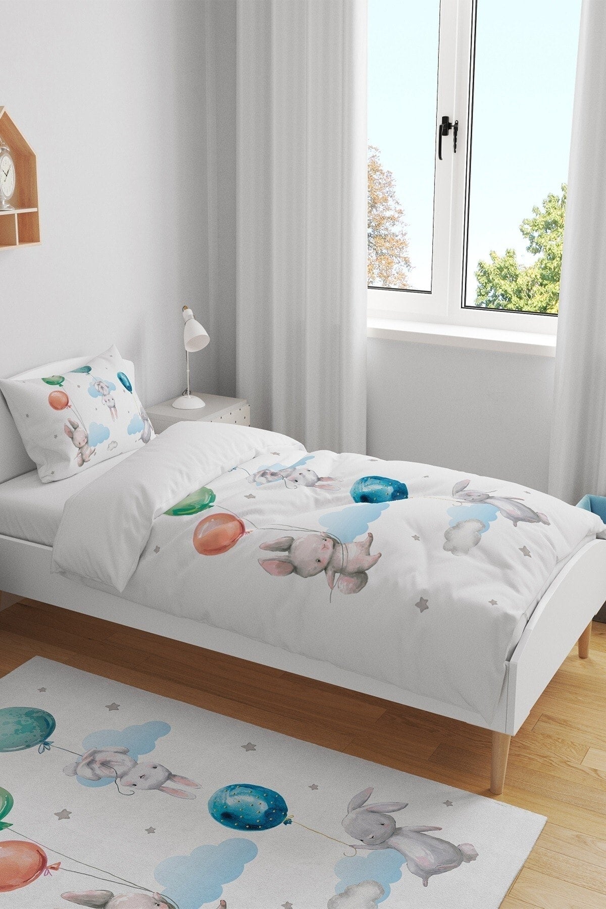 Balloon Flying Rabbits Patterned Single Baby Kids Duvet Cover Set