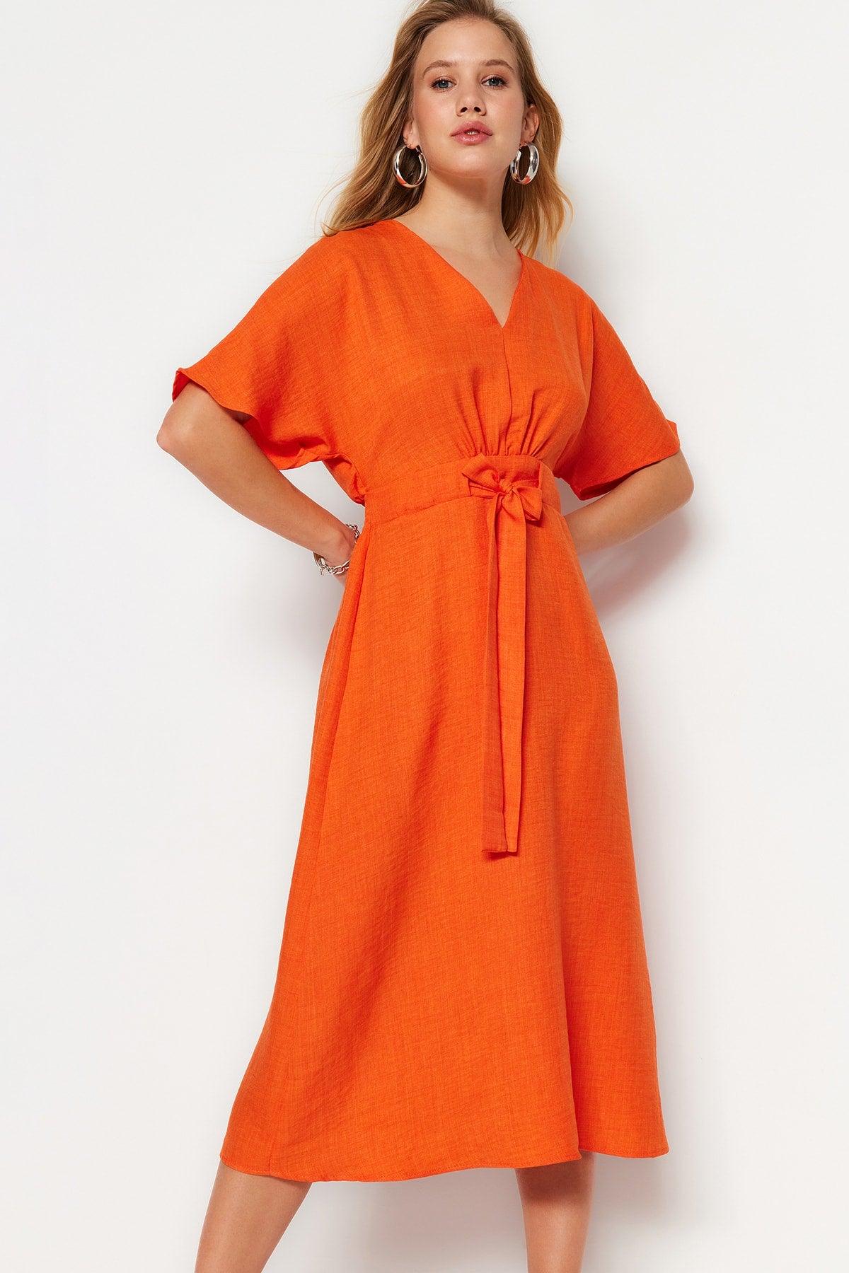 Orange Tie Detailed Midi Woven Dress TWOSS23EL01543 - Swordslife