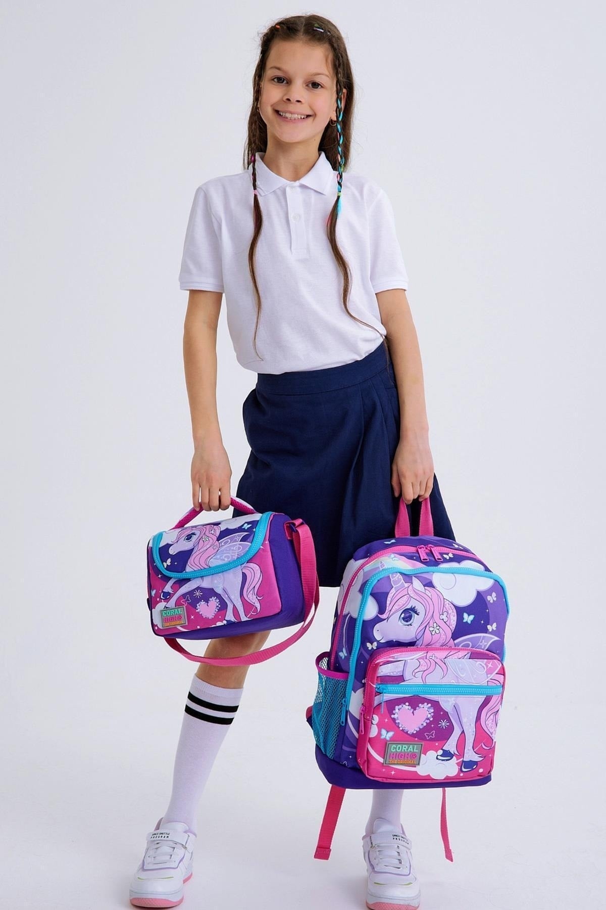 Kids Purple Pink Unicorn Patterned USB 3 Pcs School Bag Set SET0123808