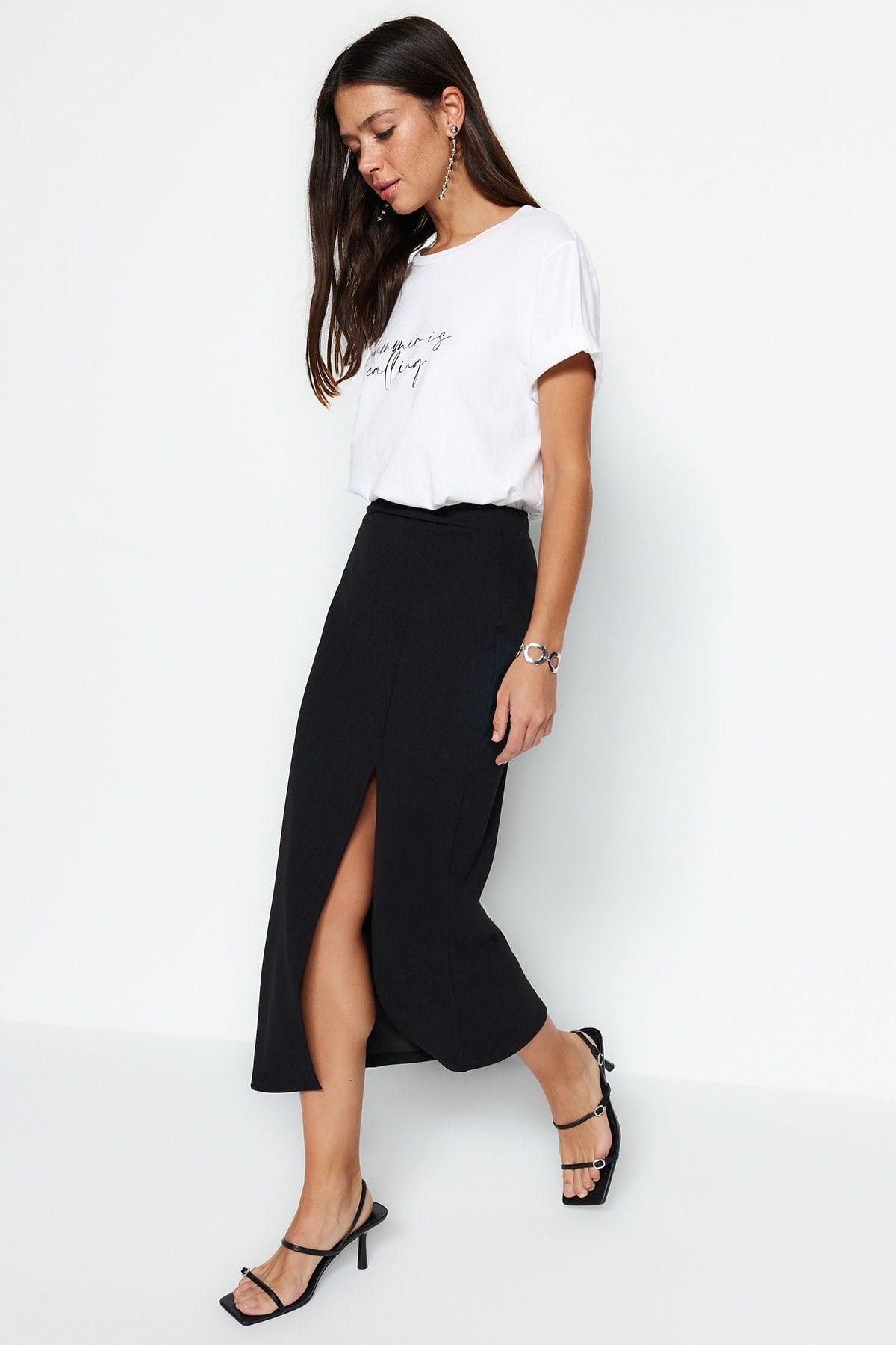 Black Slit Detailed Crepe Maxi Knitted Skirt TWOSS23ET00351 - Swordslife