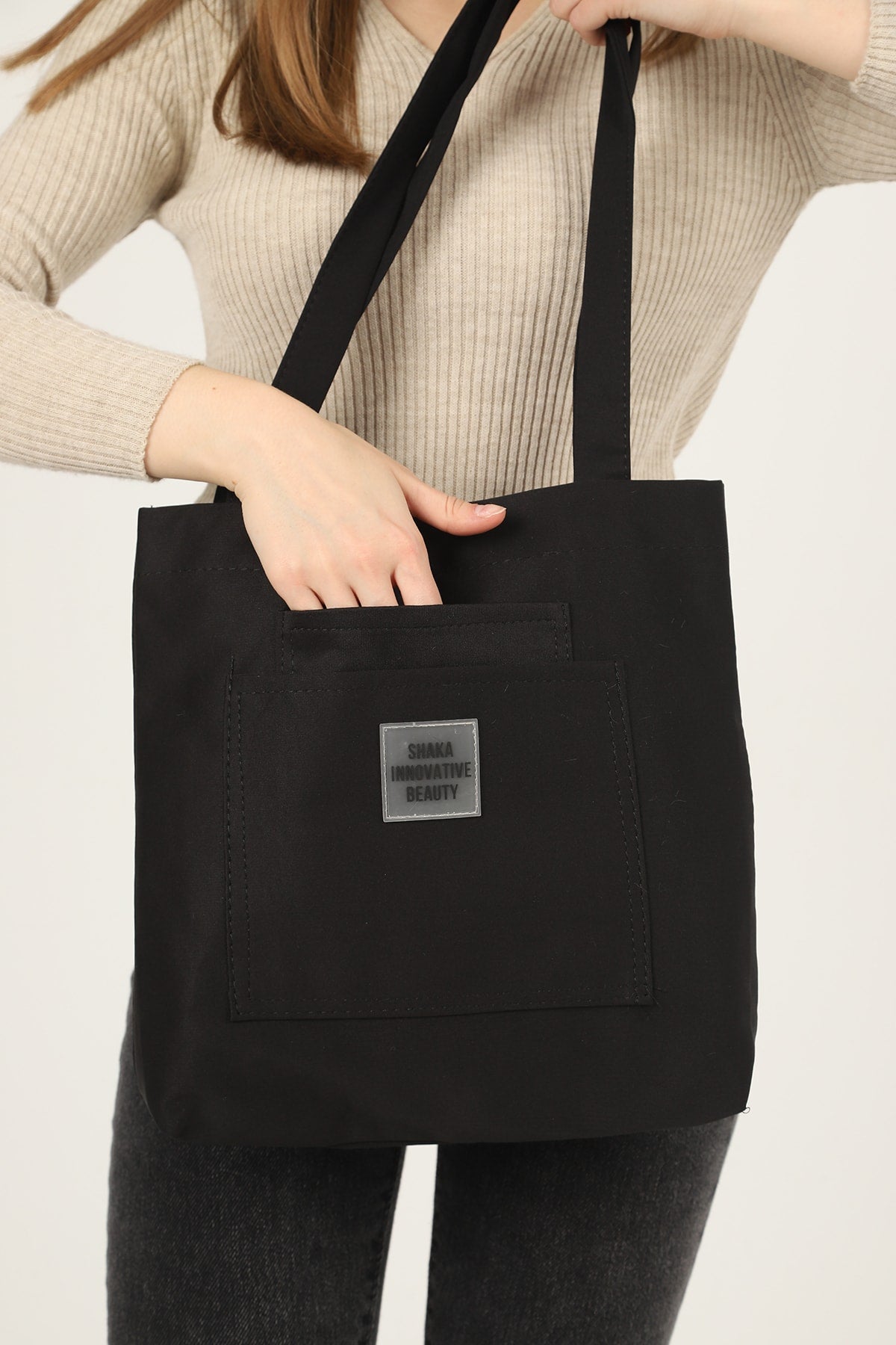 Black U22 3-Compartment Front 2 Pocket Detailed Canvas Fabric Daily Women'S Arm And Shoulder Bag B:35 E:35