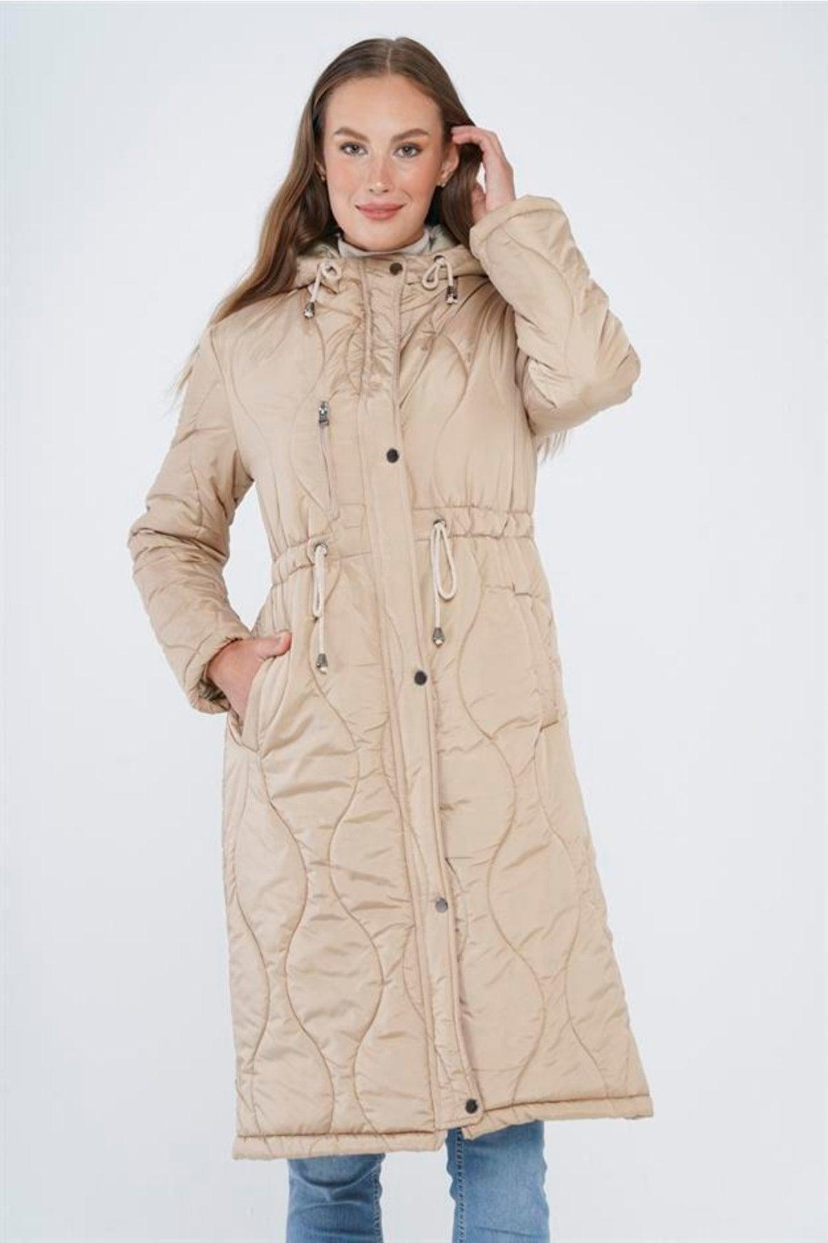 Hooded Pleated Waist Quilted Coat Beige 5699 - Swordslife