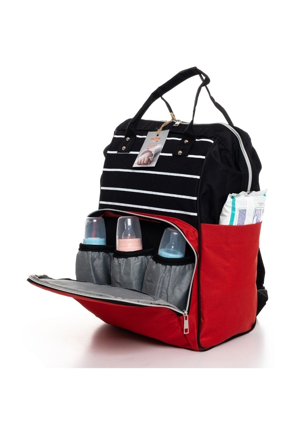 Stain Resistant Waterproof Thermal Compartment Striped Mother Baby Care Backpack Black-Red