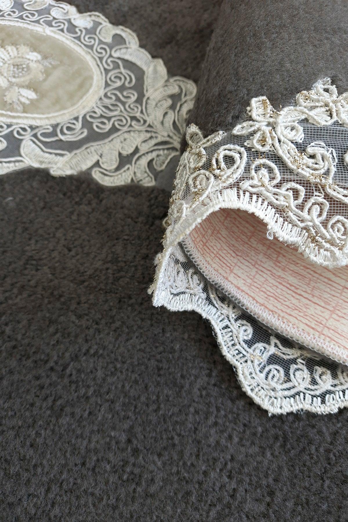 Lisa Cornered Anthracite 2-Piece French Lace Bath Mat Set Dowry Closet Set - Swordslife