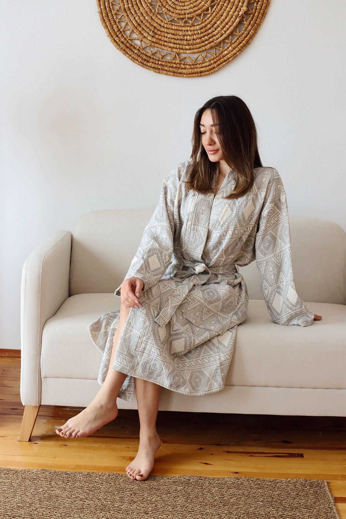 Adult Patterned Muslin Bathrobe, Special Design 100% Cotton 3 Ply Double Sided - Swordslife