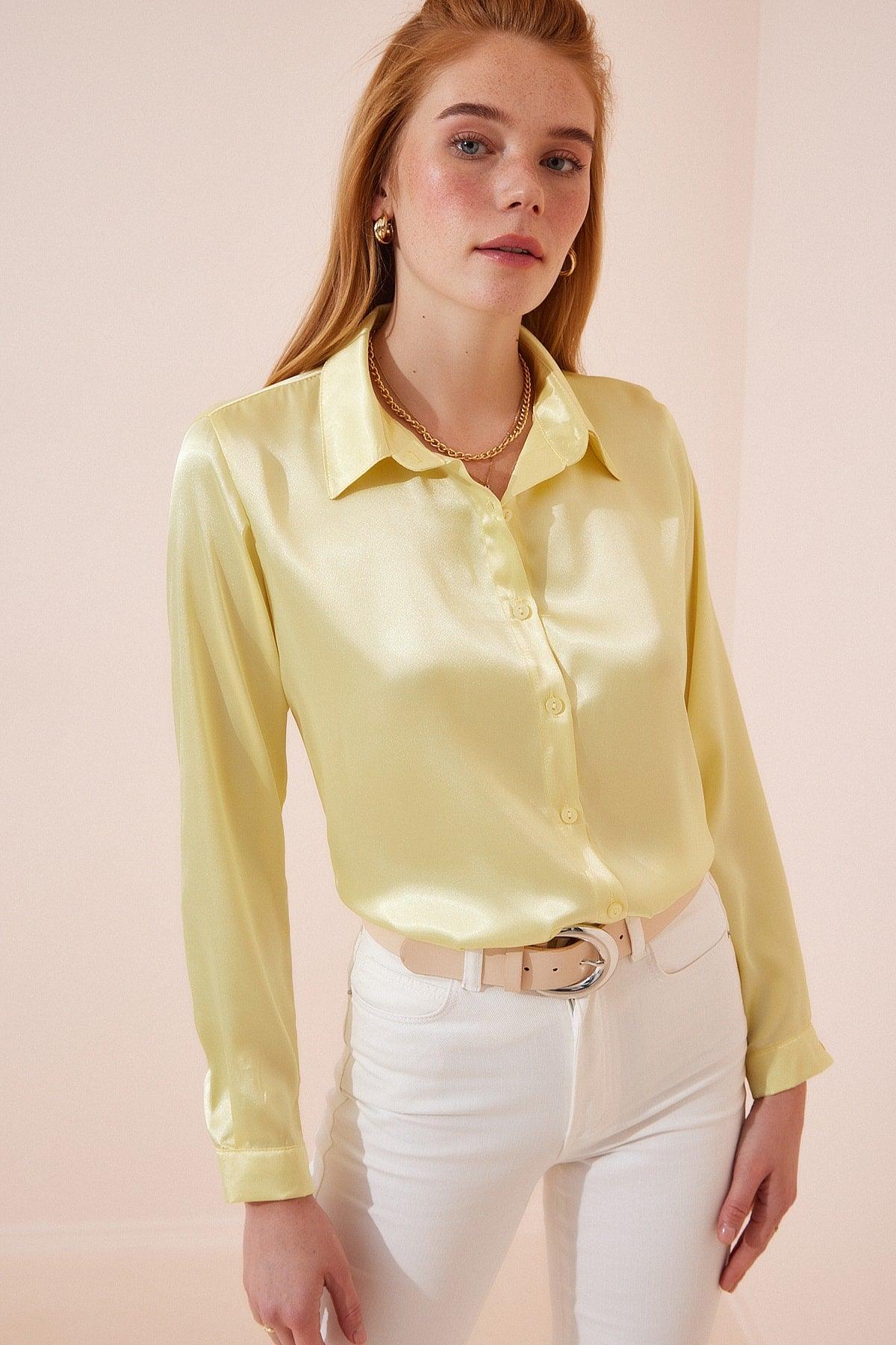 Women's Yellow Lightly Flowy Satin Shirt DD00990 - Swordslife