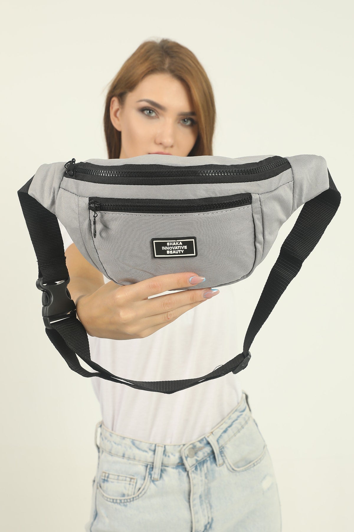 Gray U8 2-Compartment Adjustable Cross Strap Canvas Unisex Waist And Shoulder Bag E:38 B:17 G:7