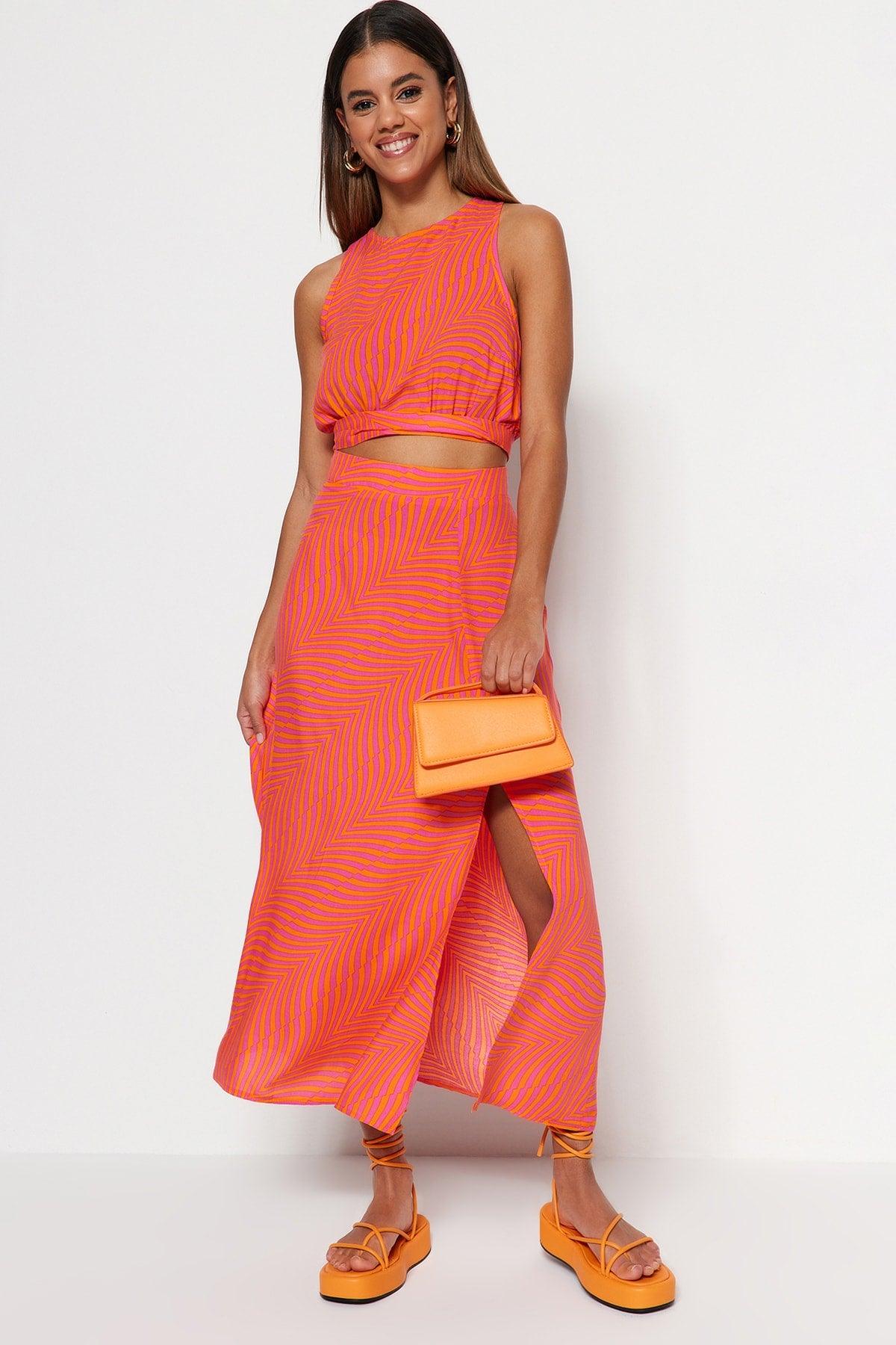 Orange Midi Woven Slit Detailed Viscose Fabric Geometric Patterned Skirt TWOSS23ET00017 - Swordslife