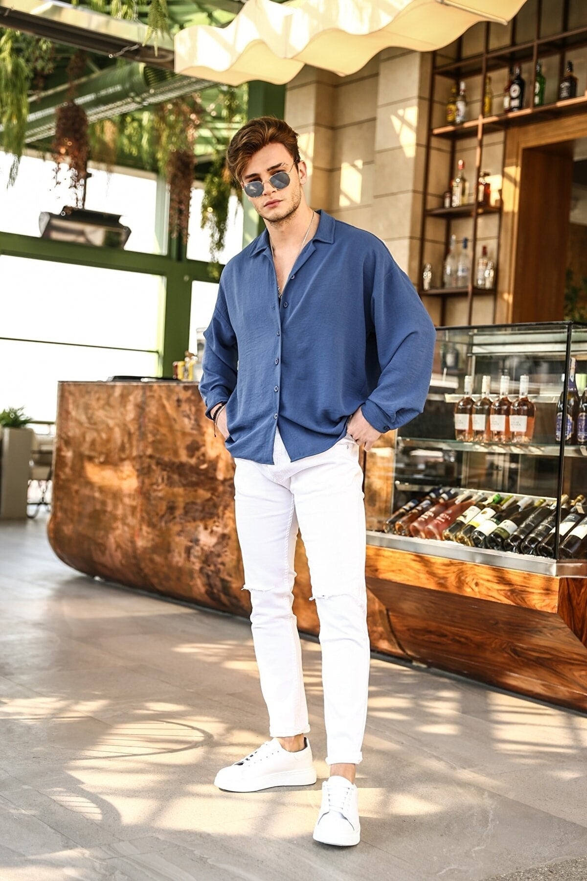 Men'S Navy Blue Linen Aerobin Loose Fit Oversize Loose Shirt