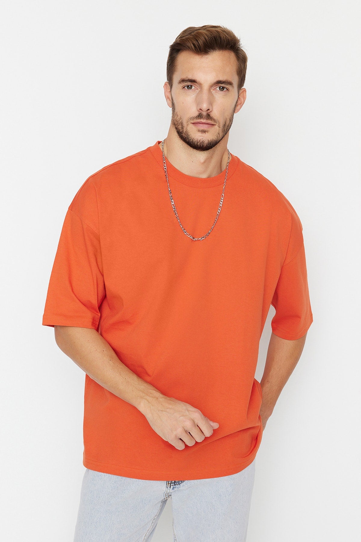 Orange Men'S Basic 100% Cotton Crew Neck Oversize Short Sleeve T-Shirt Tmnss22Ts0318