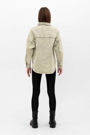 Khaki Green Pocket Slit Detailed Oversize Denim Jacket - Swordslife