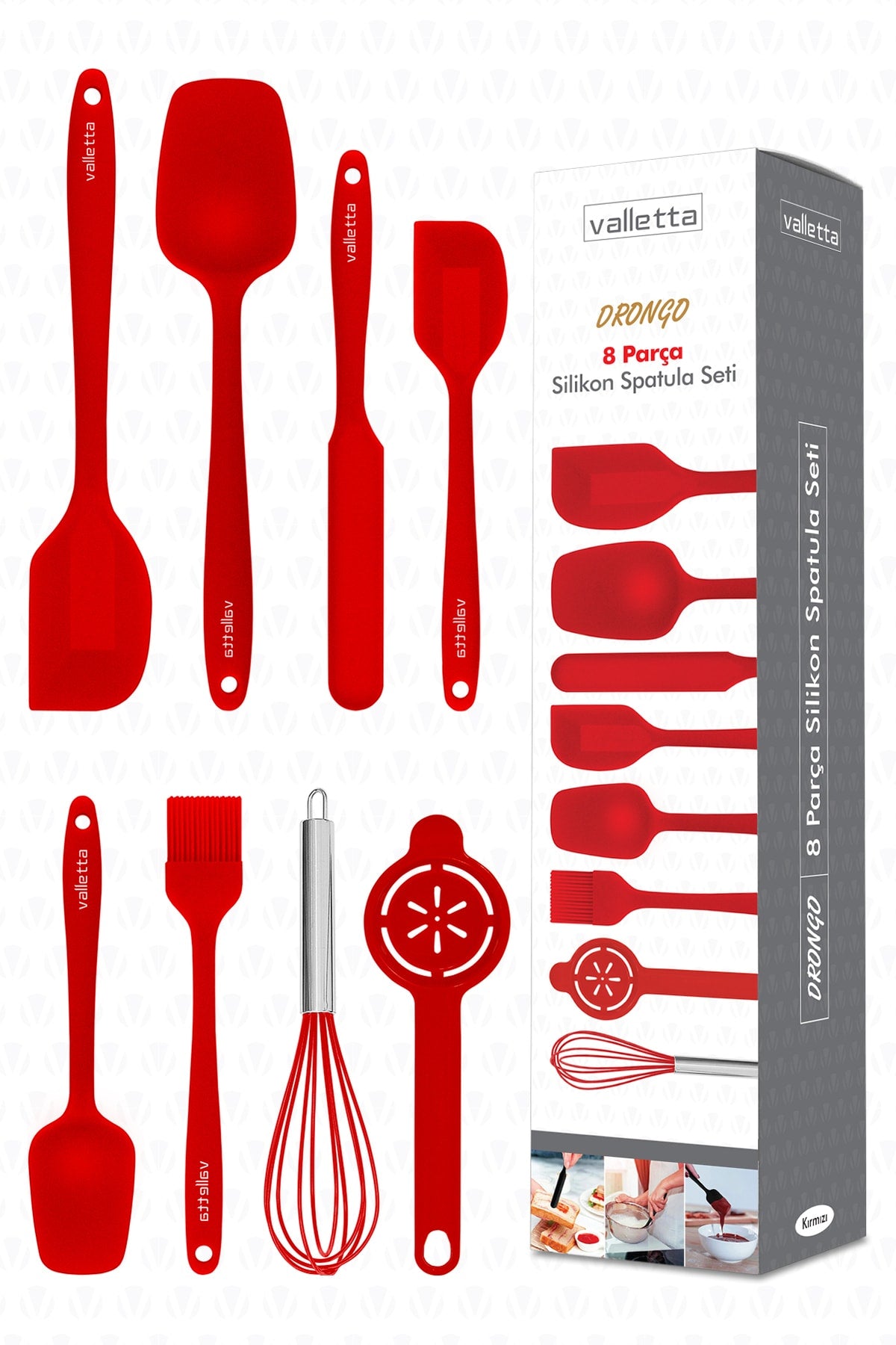 Drongo Heat Resistant Fireproof Non-Stick Silicone Spatula Set 8 Pieces Red