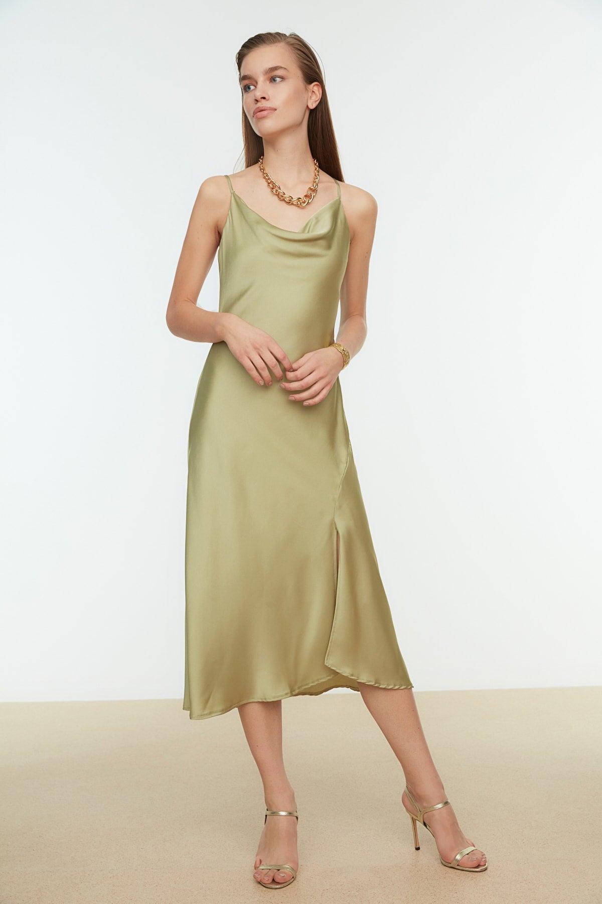 Green Lined Woven Satin Elegant Evening Dress TPRSS19BB0058 - Swordslife