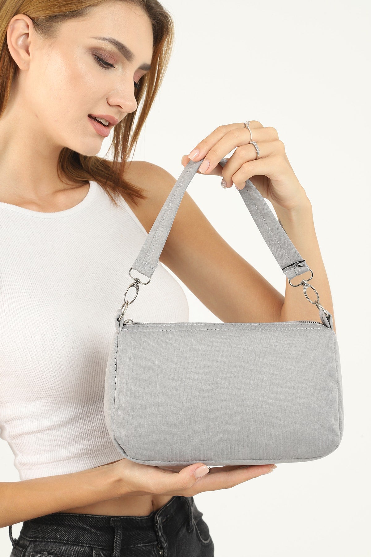 Gray U16 Daily Sport Canvas Fabric Baguette Women's Hand And Shoulder Bag U:23 E:15 W:7