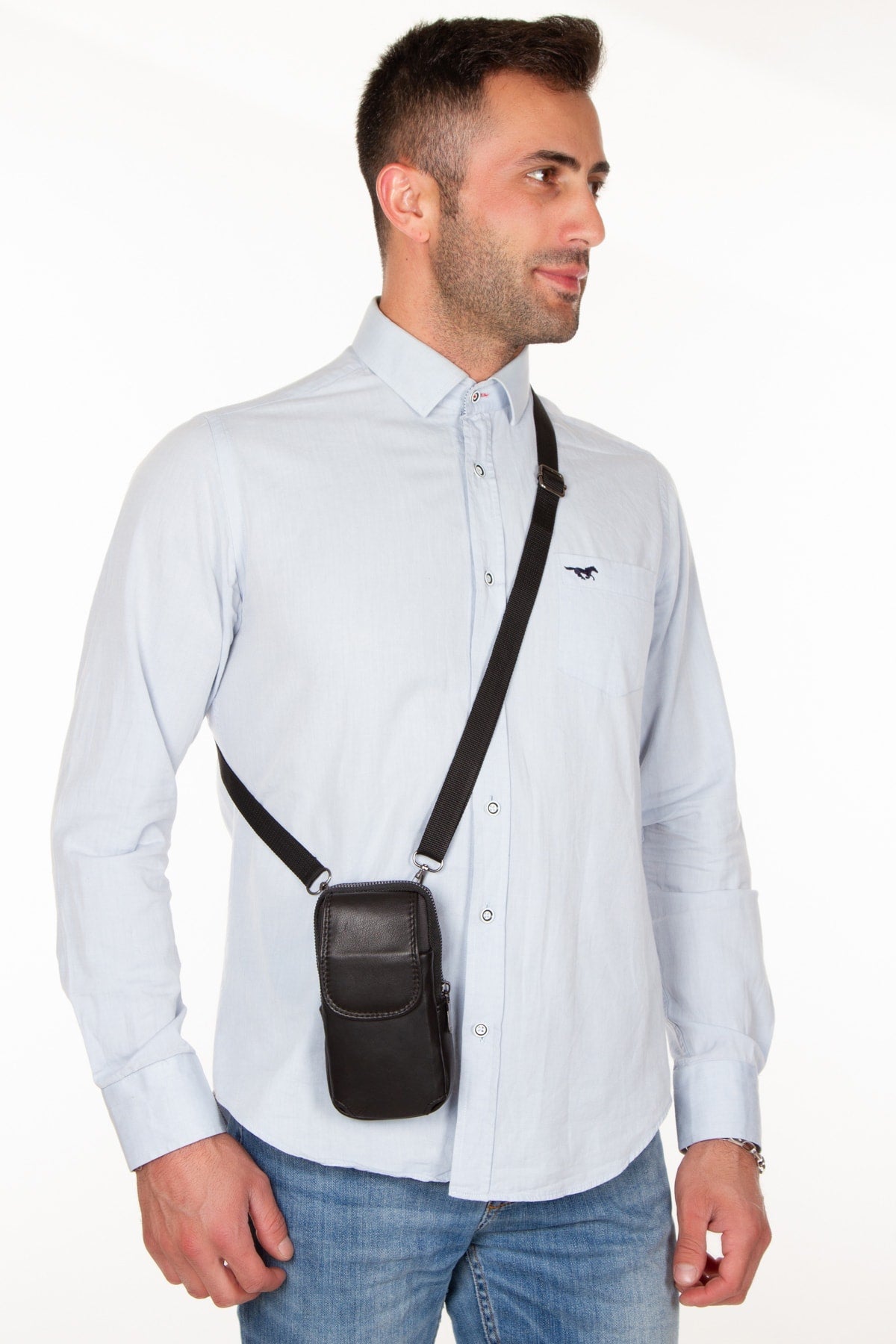 Men'S 100% Genuine Leather Belt And Shoulder Strap Phone Holder Cross Strap Phone Bag