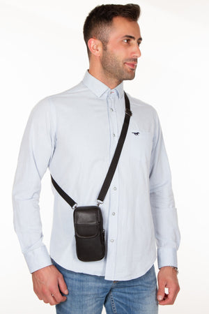Men'S 100% Genuine Leather Belt And Shoulder Strap Phone Holder Cross Strap Phone Bag