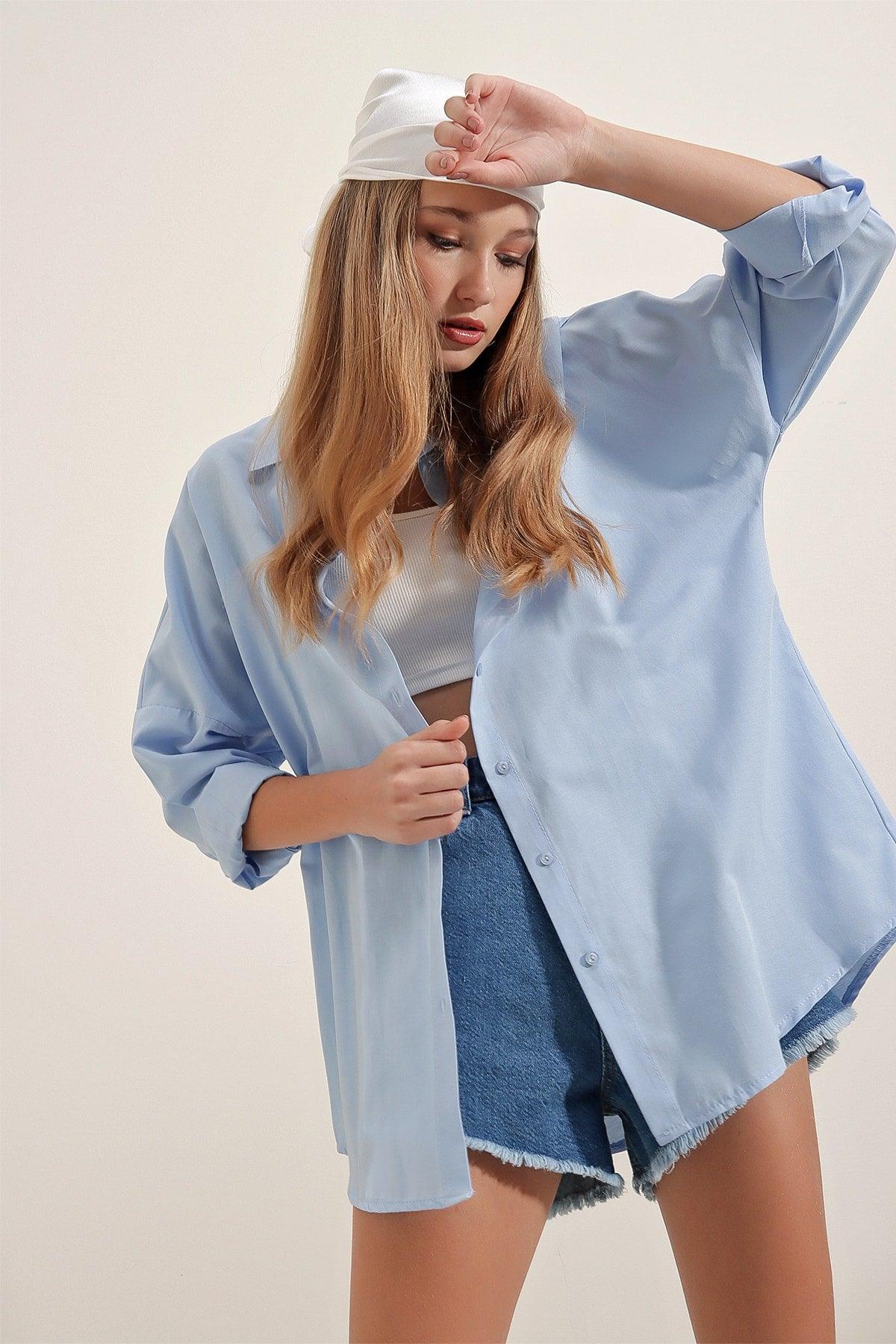 3900 Oversize Long Basic Shirt - Blue - Swordslife