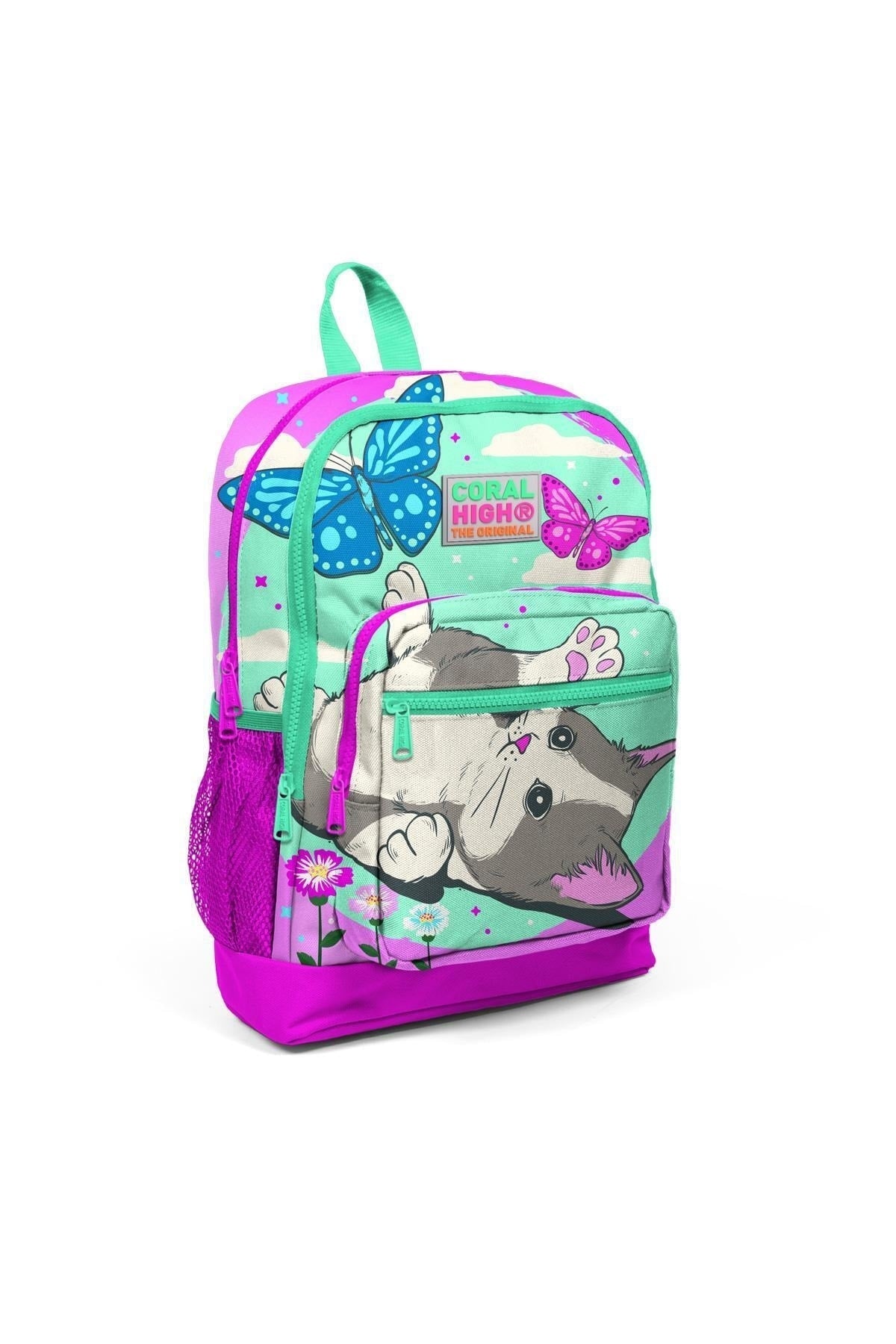 Kids Water Green Pink Cat Patterned Usb 3 Pcs School Bag Set Set0123807