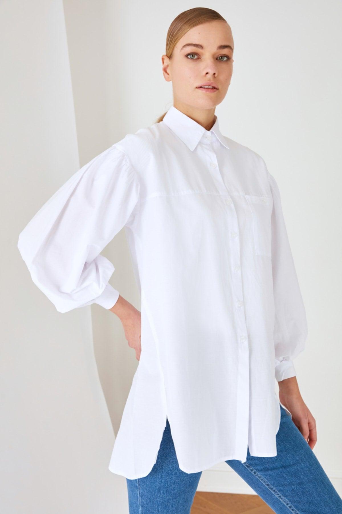 White Balloon Back Sleeve Long Pocket Detailed Basic Woven Shirt TCTSS21GO0976 - Swordslife