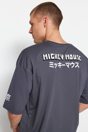 Anthracite Men'S Oversize Crew Neck Short Sleeve Mickey Mouse Printed Licensed Cotton T-Shirt
