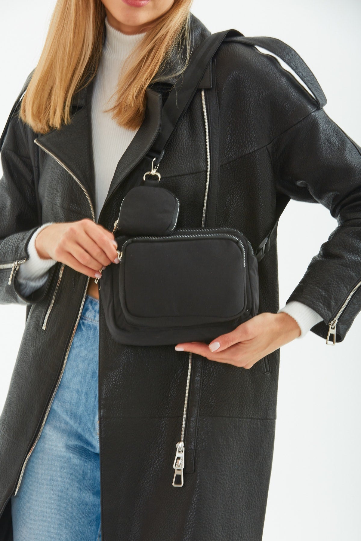 Black U4 Canvas Women'S Cross Shoulder Bag With 3 Compartments And Wallet With Adjustable Strap B:17 E:22 G:12
