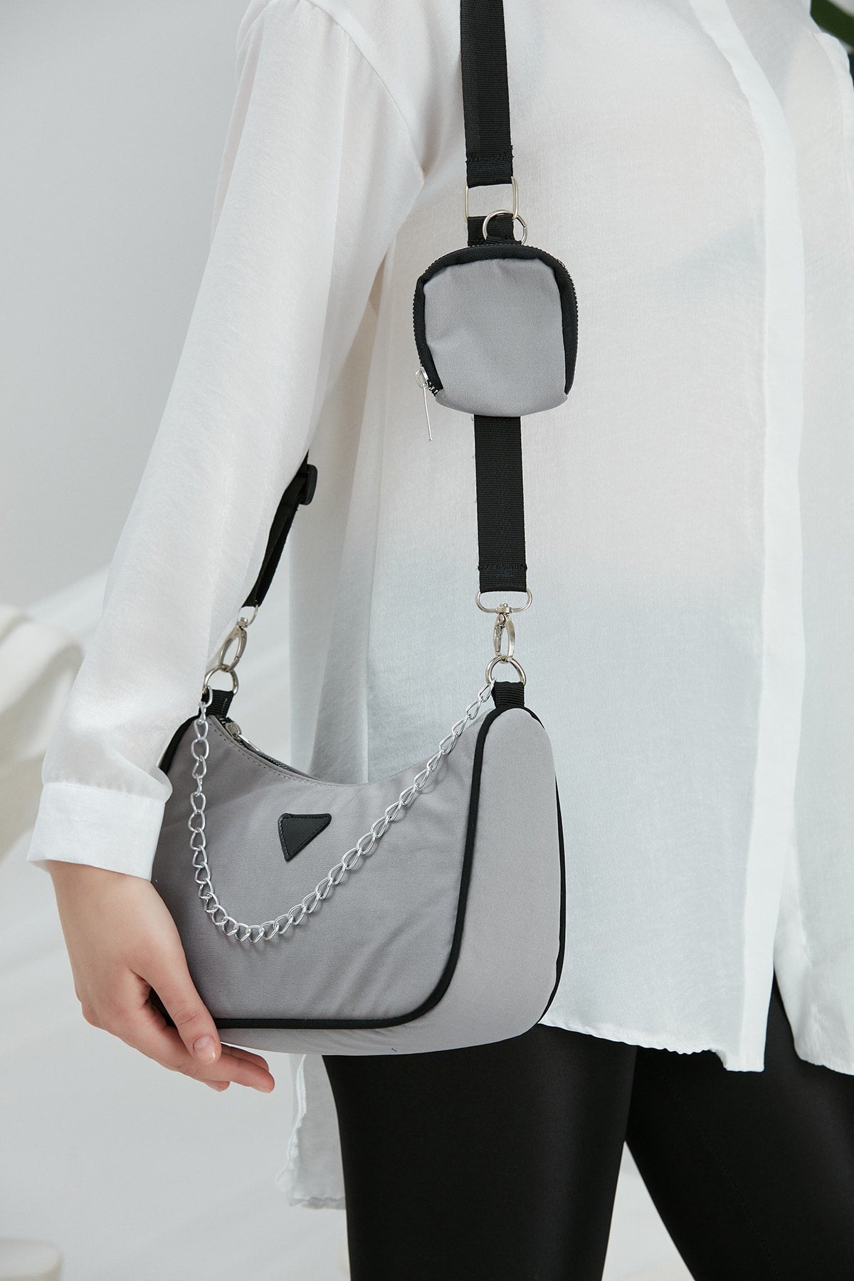 Gray U6 Women'S Cross Shoulder Bag With Chain Strap Detailed And Adjustable Strap Wallet B:12 E:27 G:12