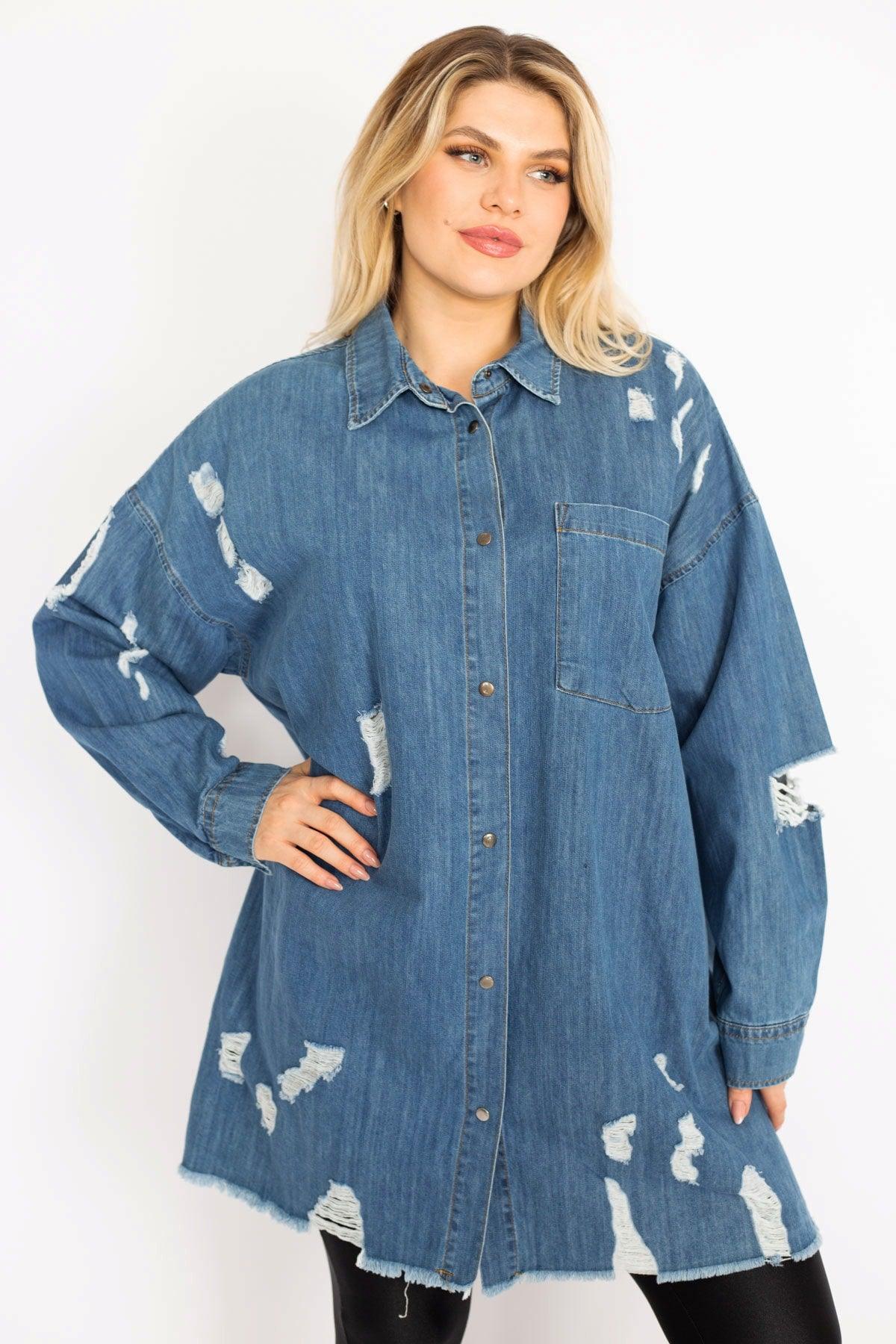 Women's Large Size Blue Ripped Detailed Loose Cut Oversize Denim Tunic Jacket 65n28046 - Swordslife