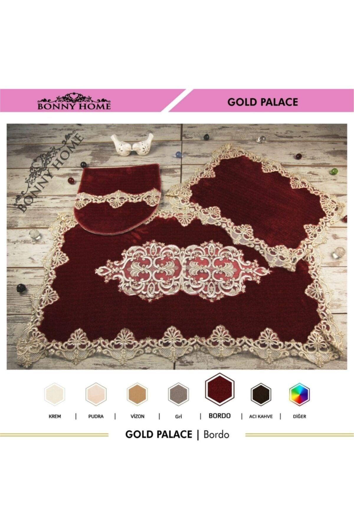 Claret Red Gold Palace 3-piece Dowry French Lace Applique Closet Set Bath Mat Set - Swordslife