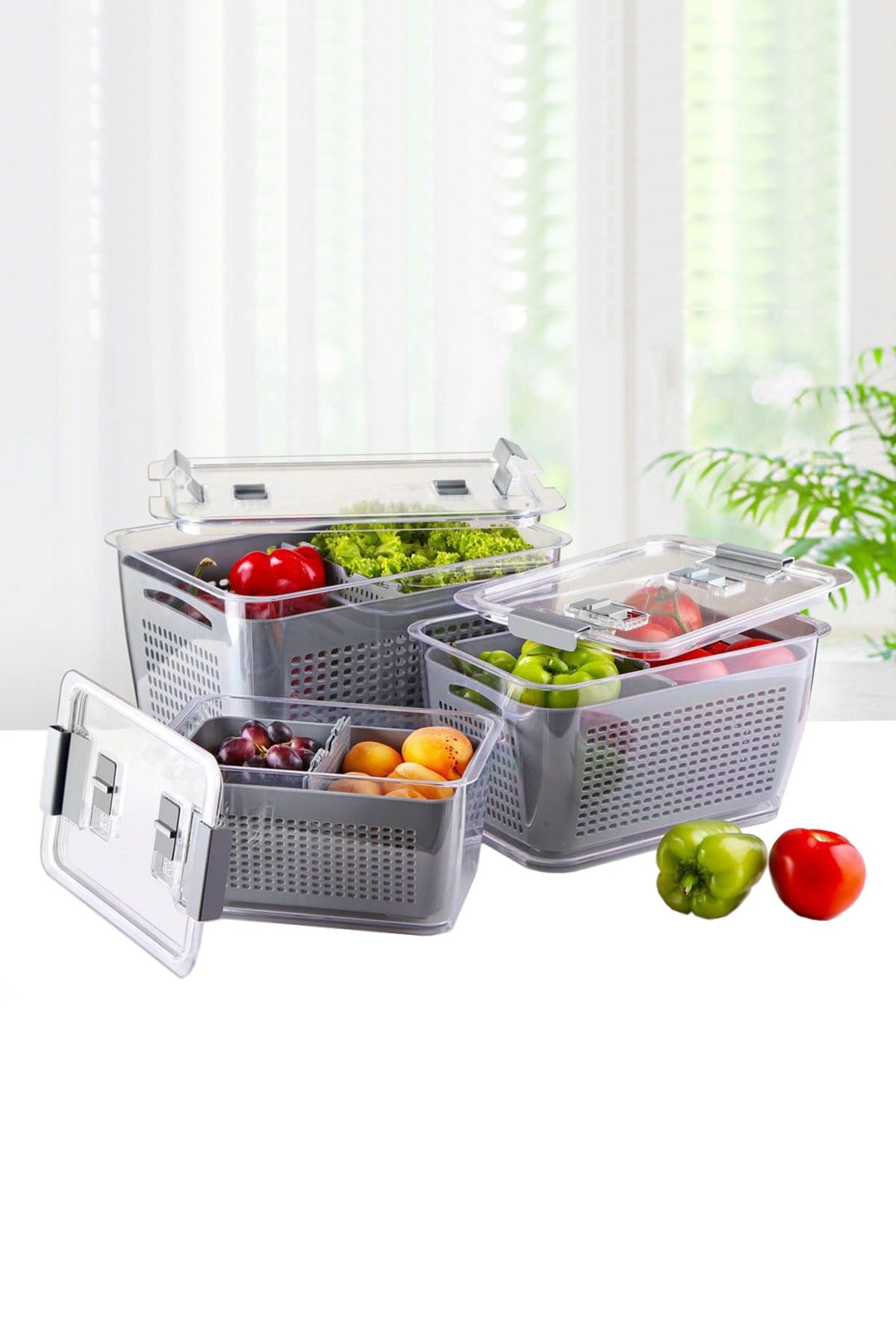 3 Sizes Refrigerator Fresh Vegetable Fruit Storage Container With Compartment Ventilation