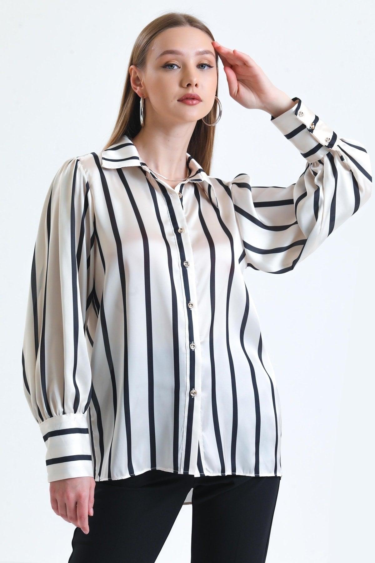 Women's Black Balloon Sleeve Ruffle Detailed Oversize Striped Satin Shirt - Swordslife