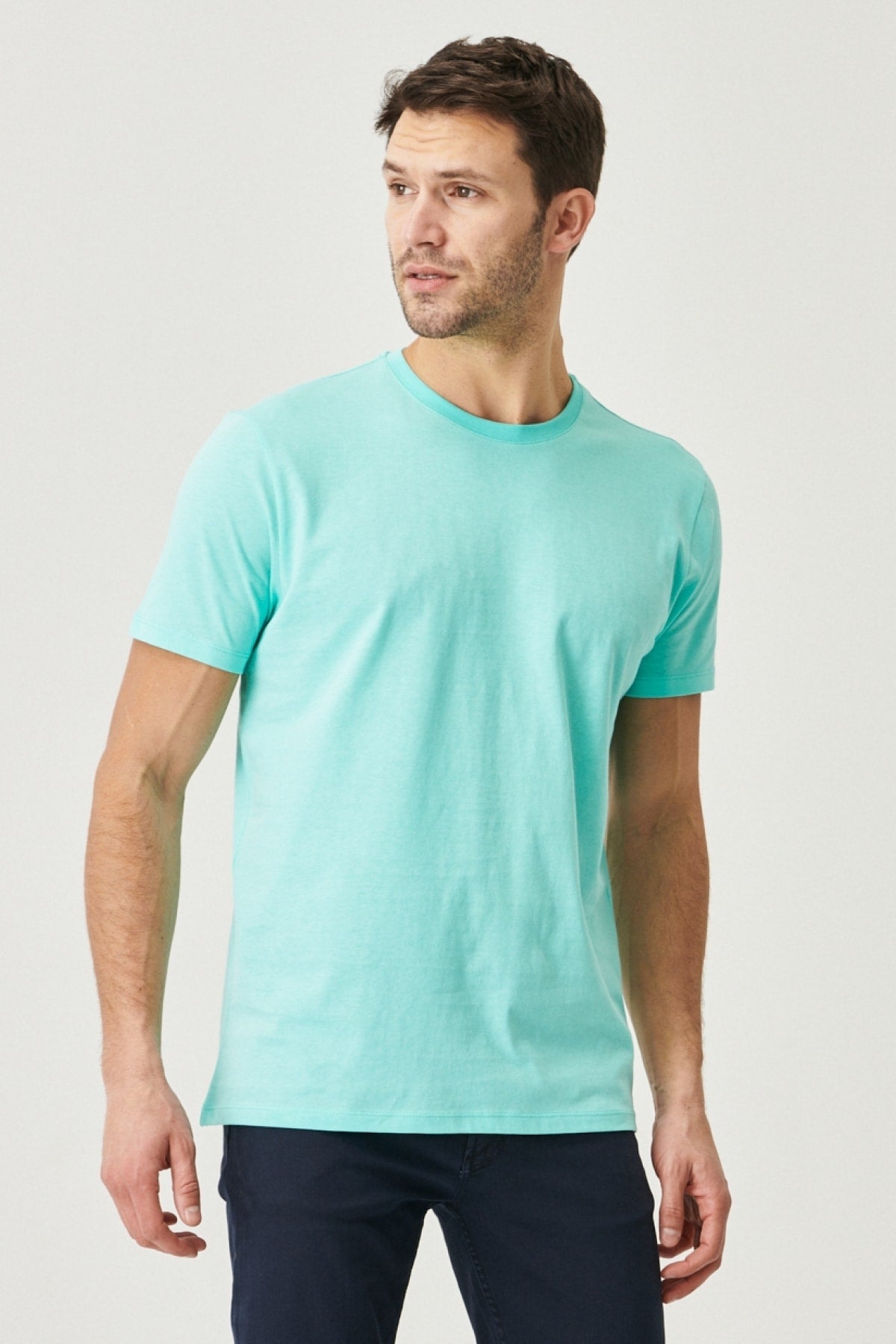 Men'S Turquoise 100% Cotton Slim Fit Slim Fit Crew Neck Short Sleeved T-Shirt