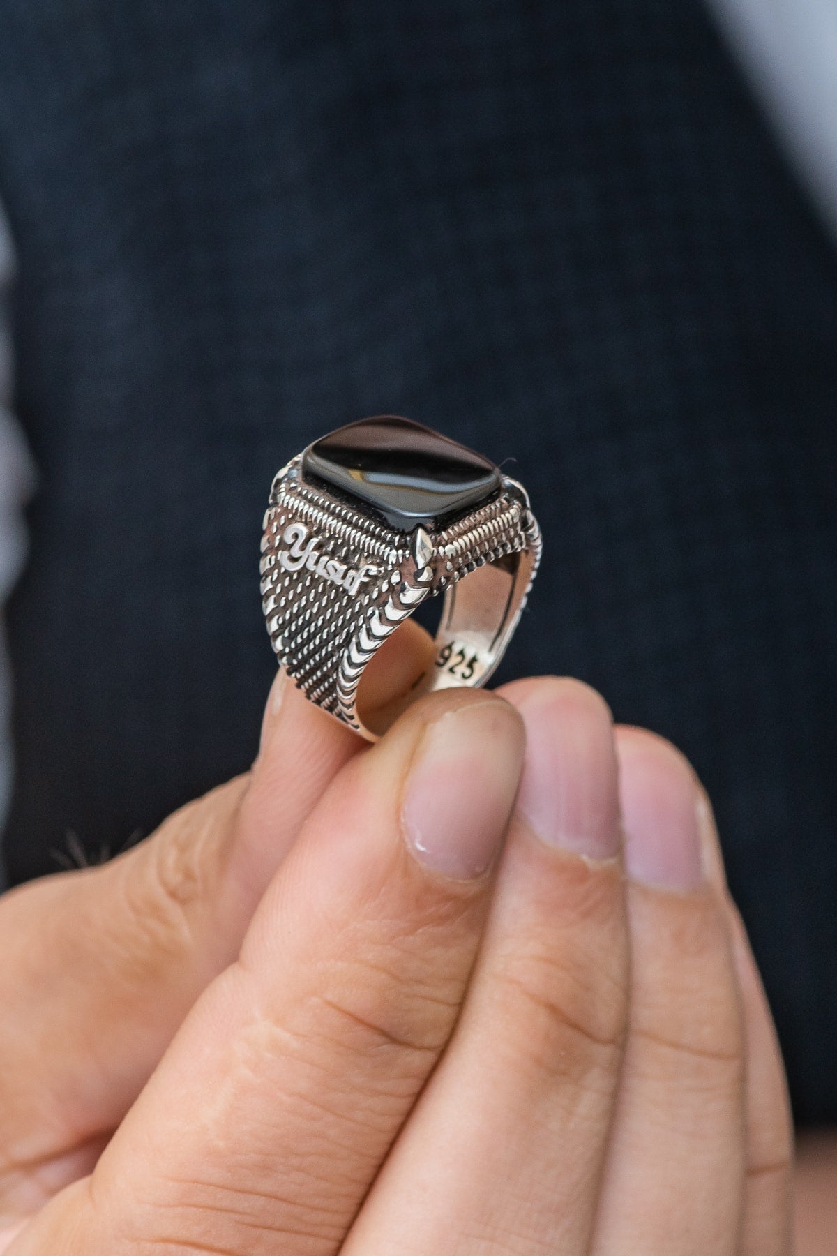 Named Agate Stone Sterling Silver Men'S Ring