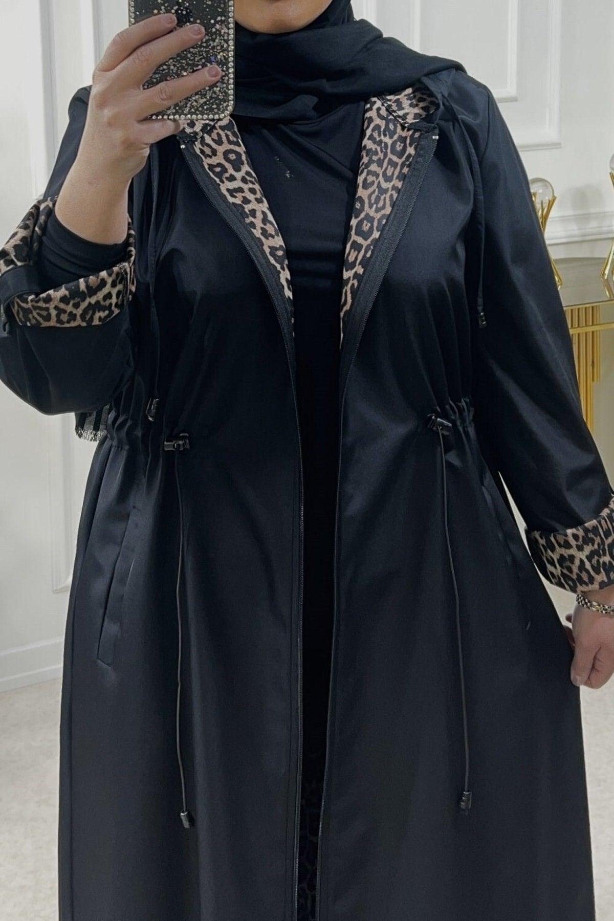 Plus Size Setenay Full Length Inner Leopard Double Sleeve Trench - Black - Swordslife