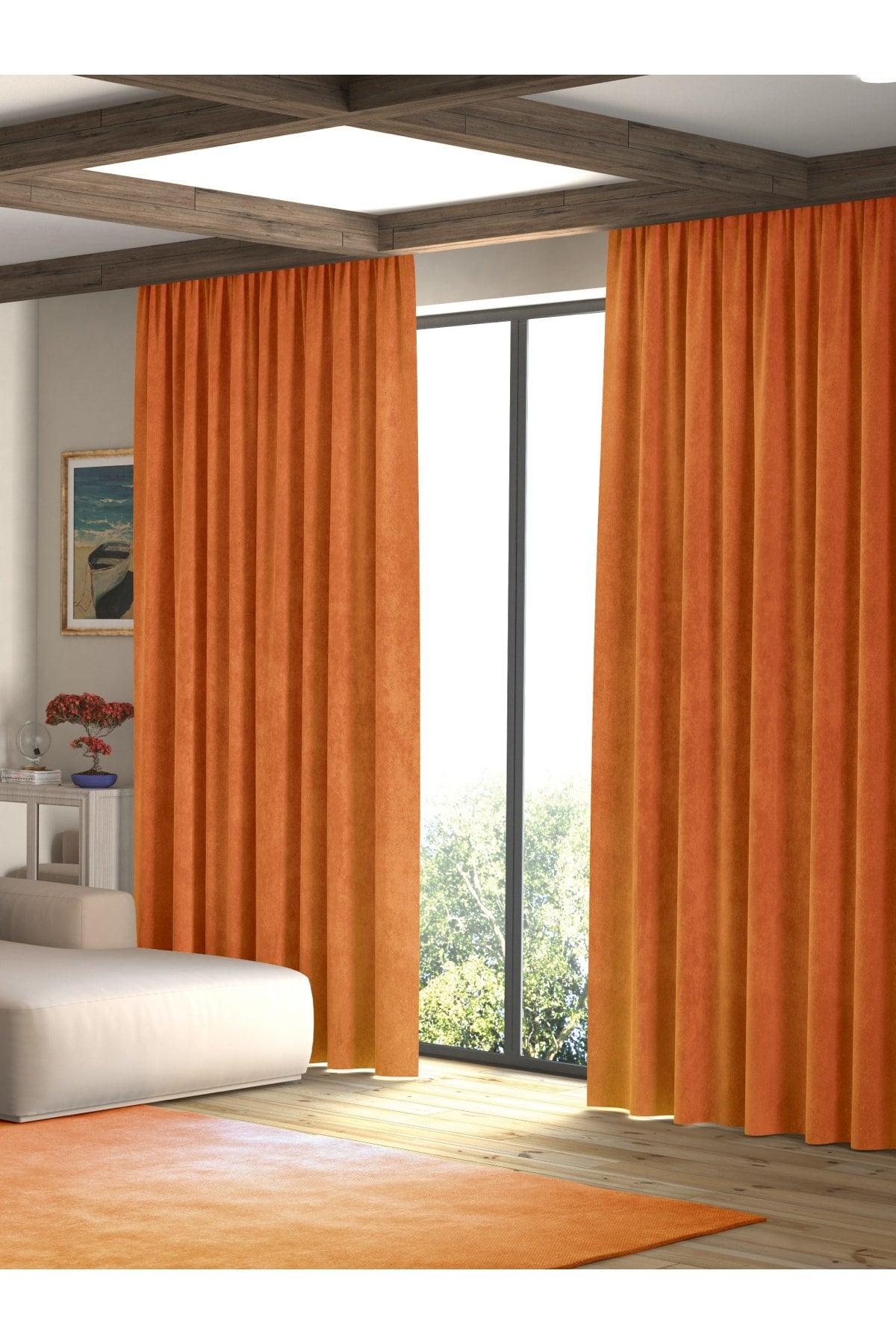 Velvet Textured Mandarin Orange Island Backdrop Curtain Extraforward Pleated - Swordslife